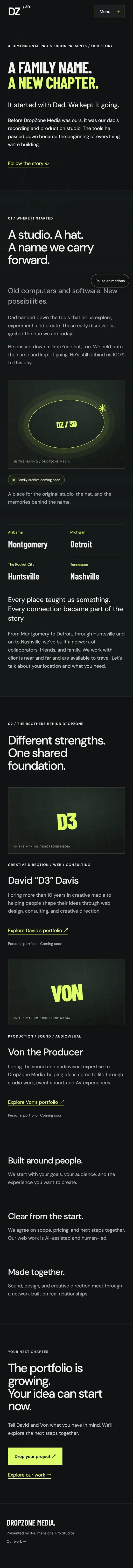 DropZone Media Studio about page on mobile