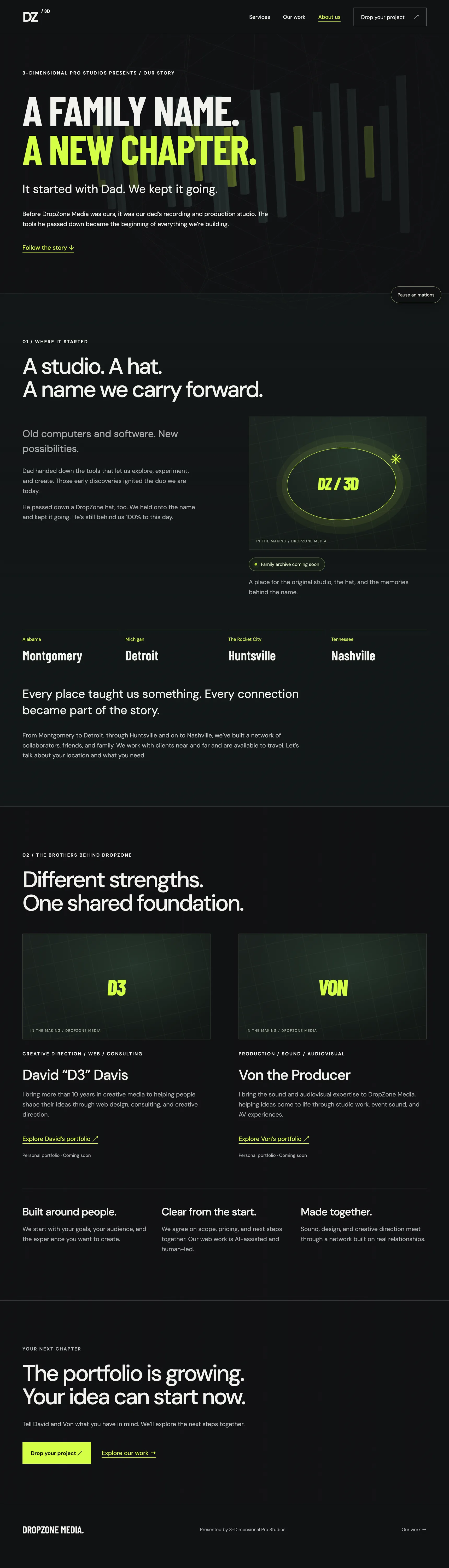 DropZone Media Studio about page on desktop