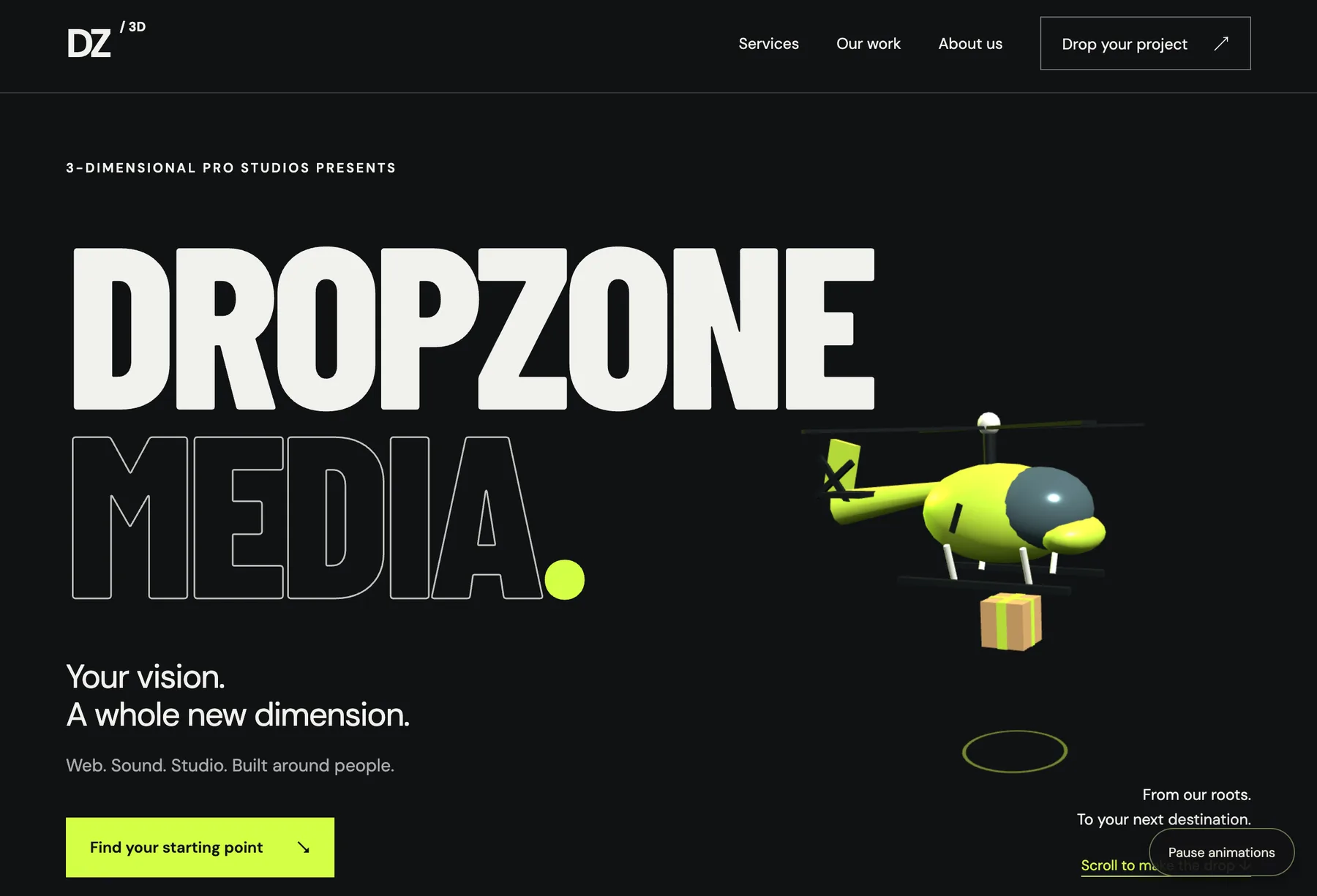 Dropzone Media Studio opening website composition