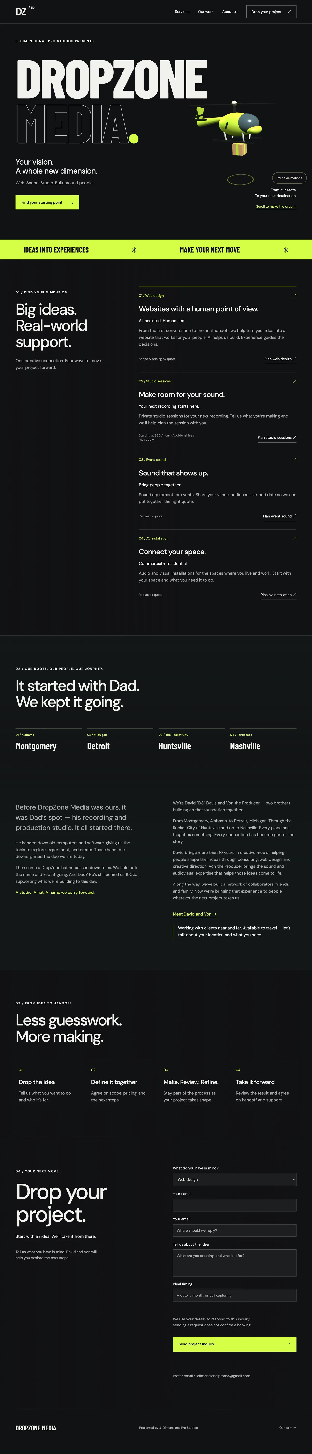 DropZone Media Studio homepage on desktop