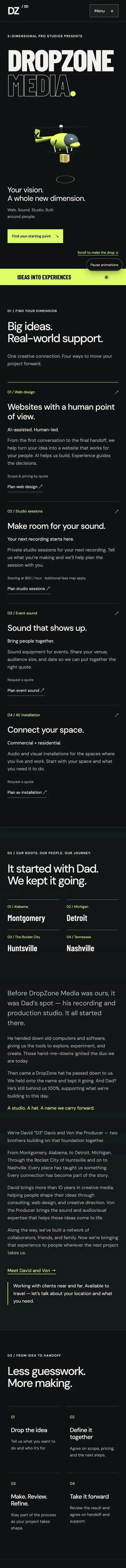 DropZone Media Studio homepage on mobile