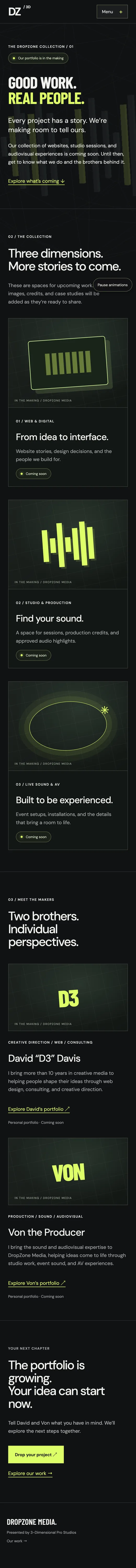 DropZone Media Studio work page on mobile