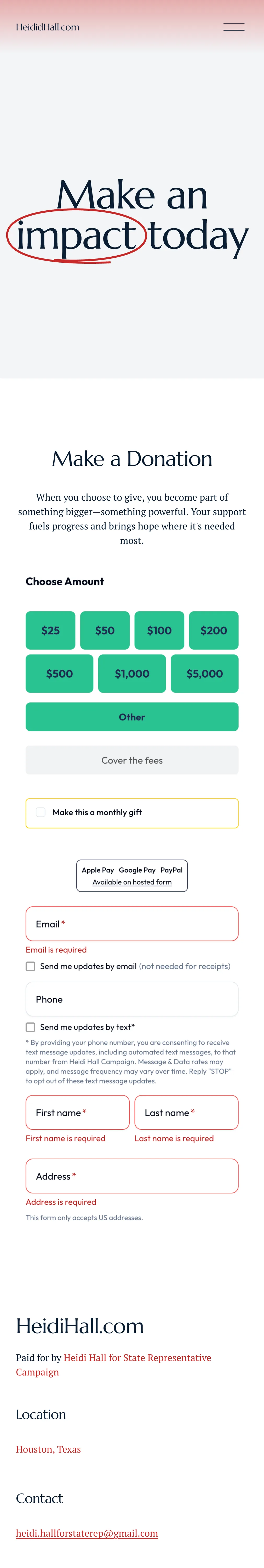 Heidi Hall campaign donation page on mobile