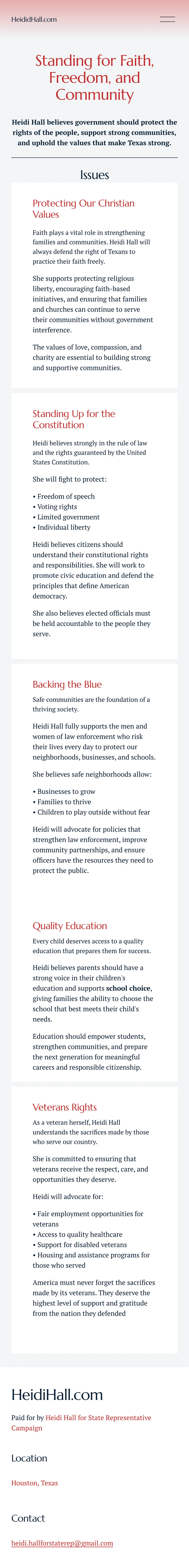 Heidi Hall campaign issues page on mobile