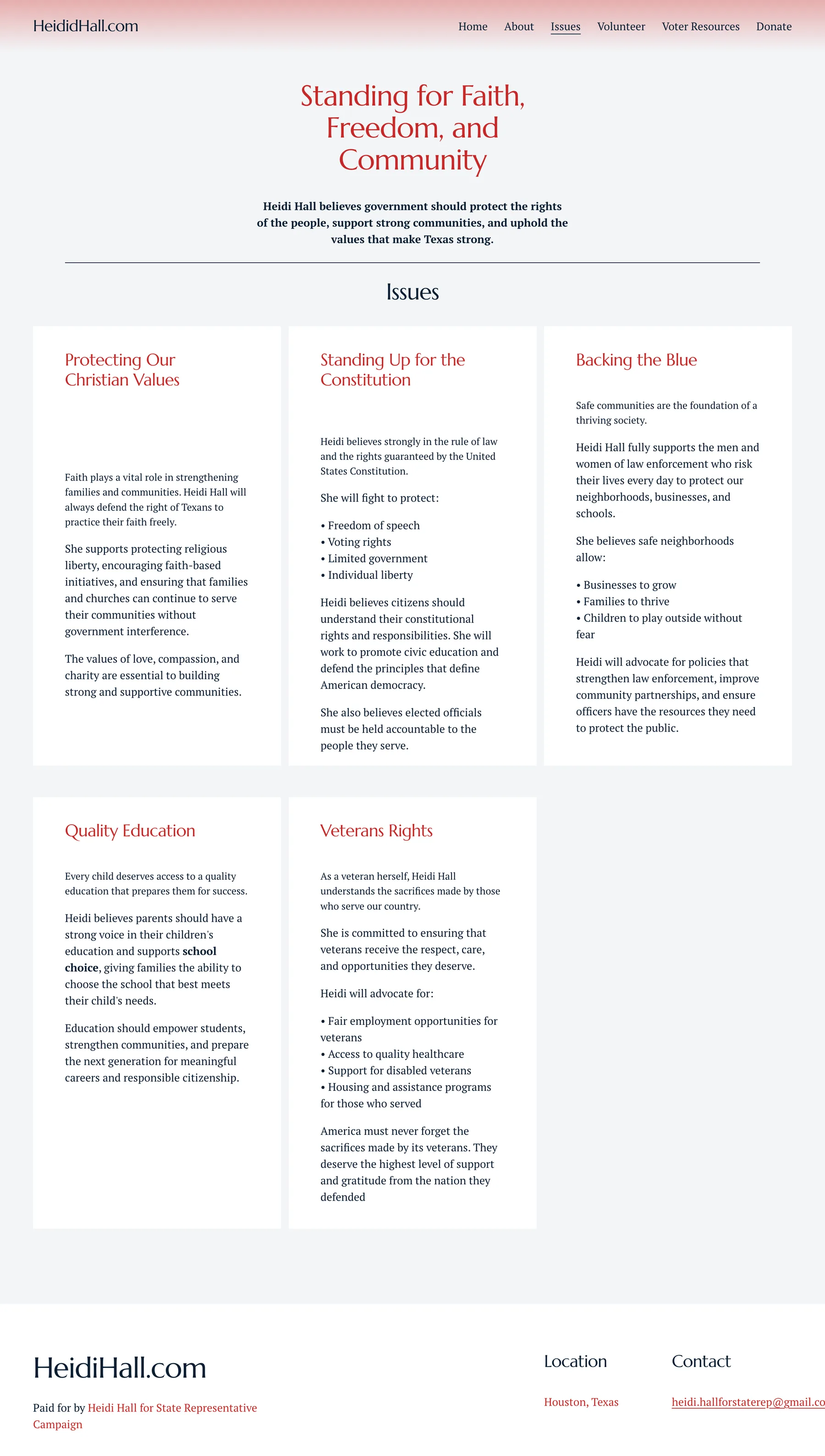 Heidi Hall campaign issues page on desktop