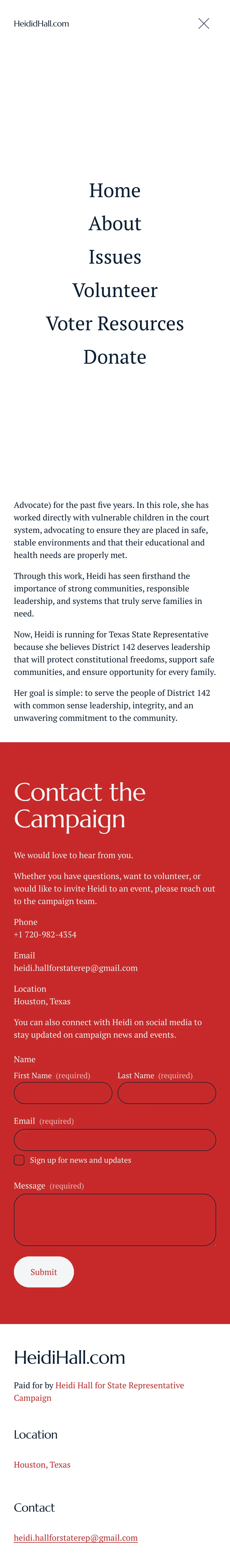 Heidi Hall campaign expanded mobile menu