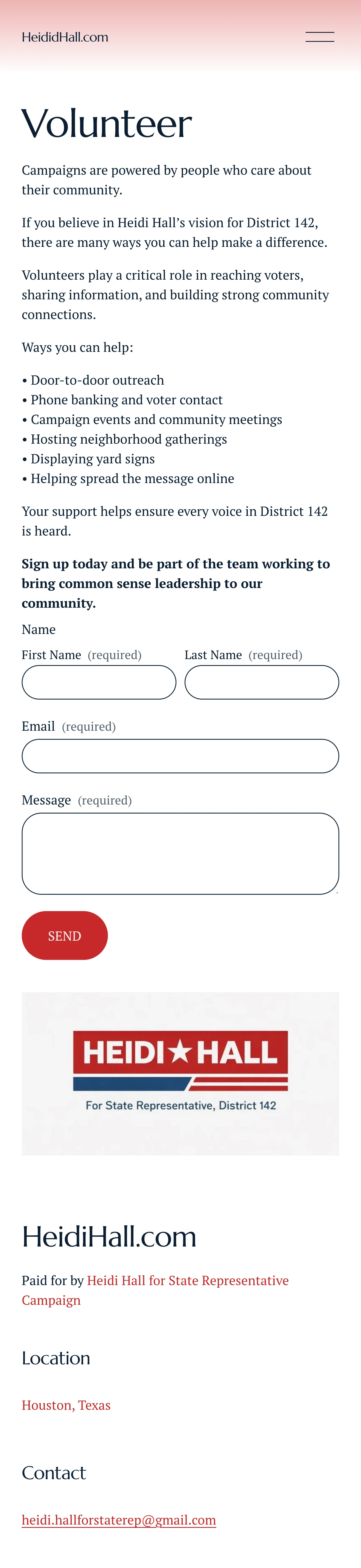Heidi Hall campaign volunteer page on mobile