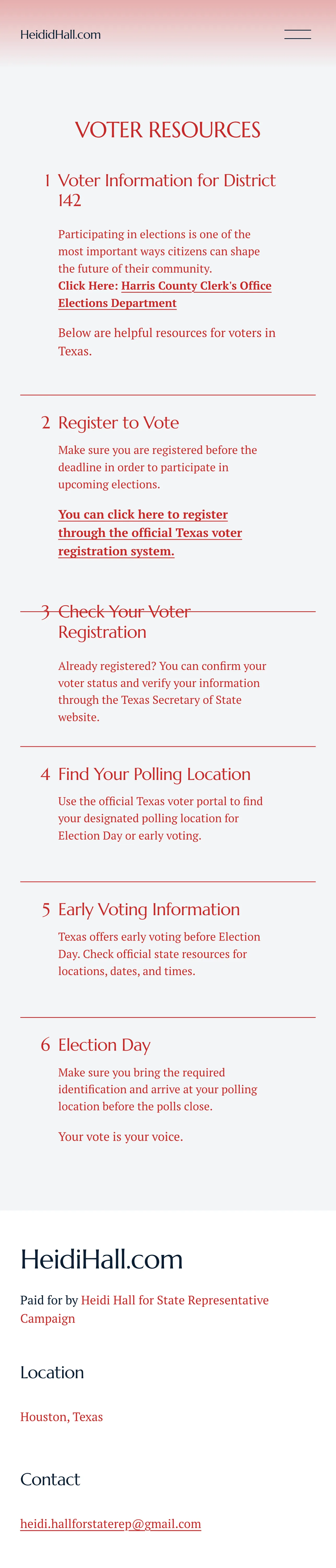 Heidi Hall voter resources page on mobile