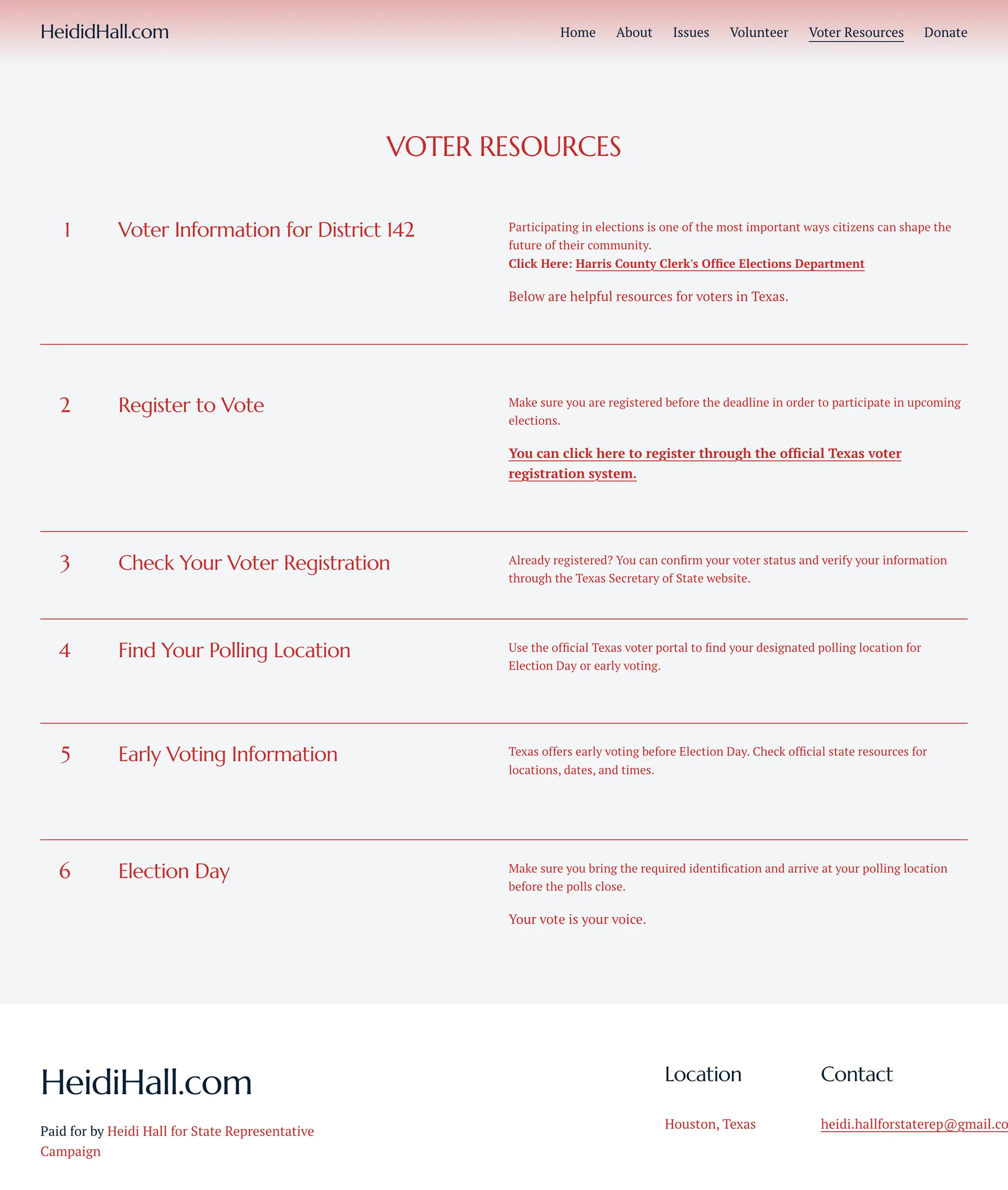 Heidi Hall voter resources page on desktop