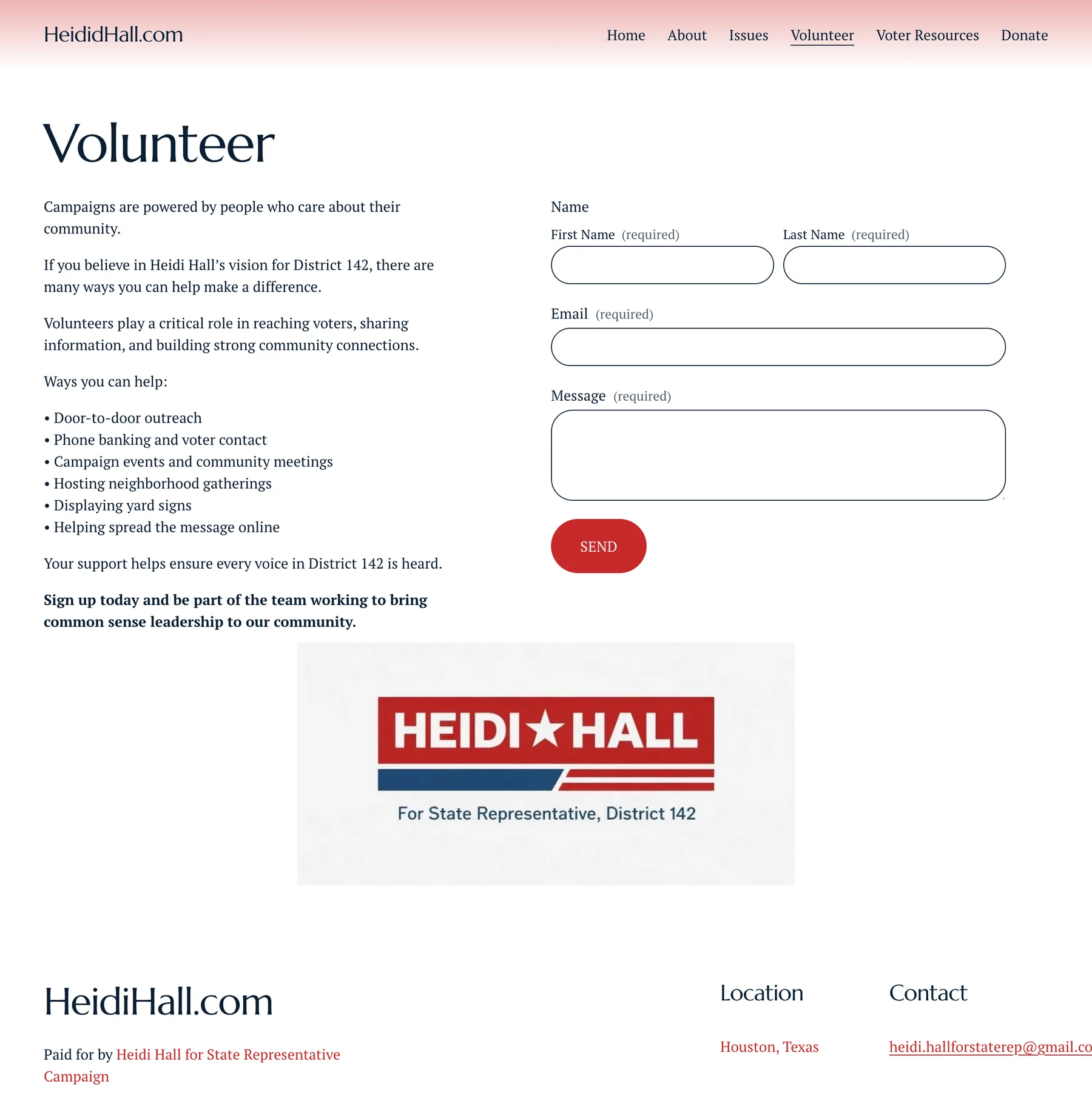 Heidi Hall campaign volunteer page on desktop