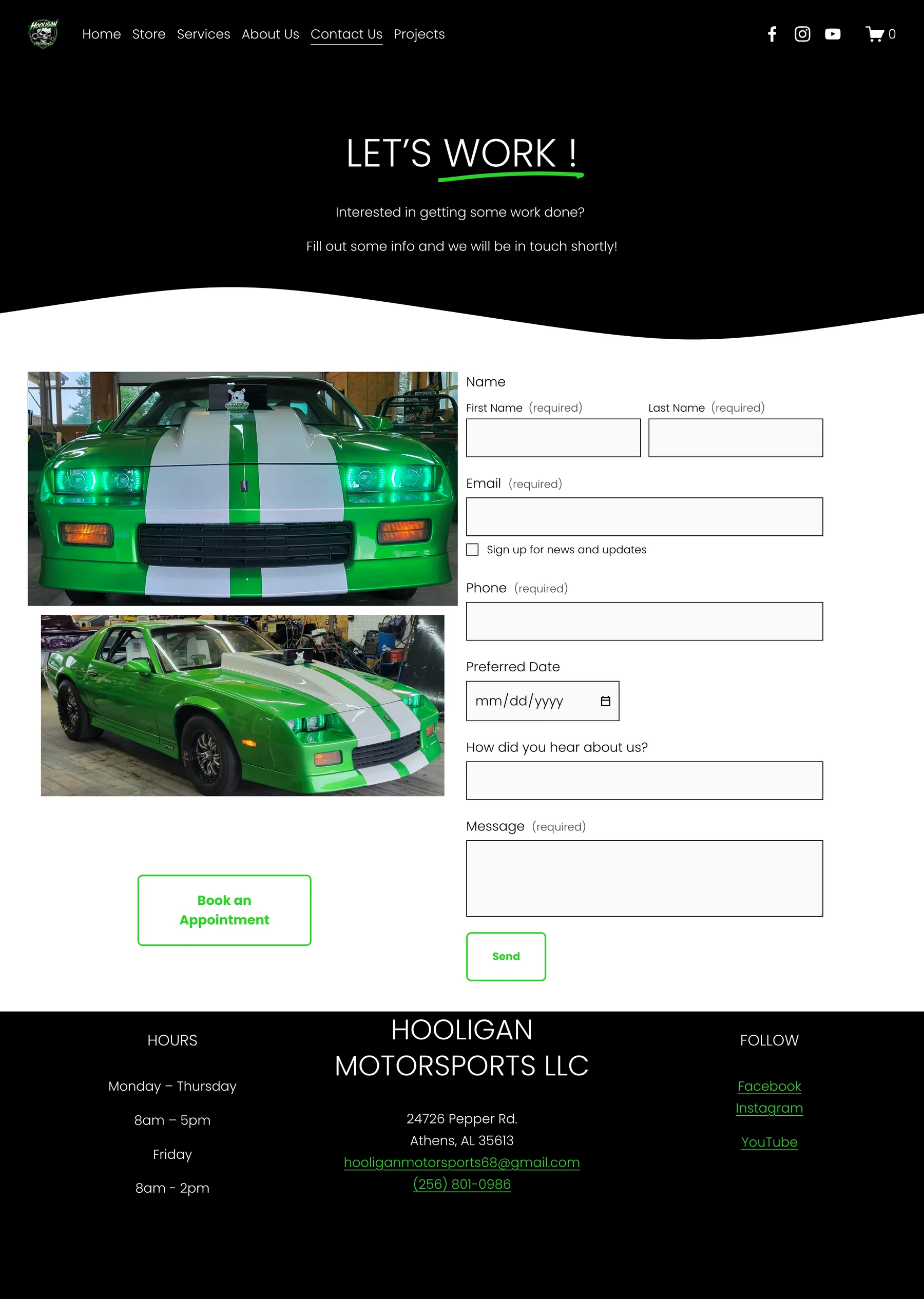 Hooligan Motorsports contact page on desktop