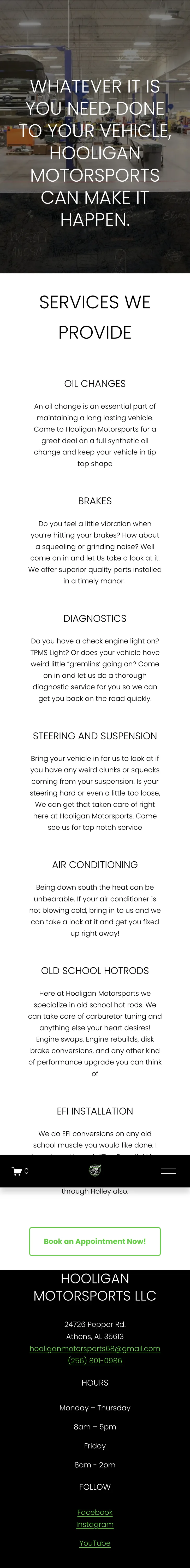 Hooligan Motorsports services page on mobile