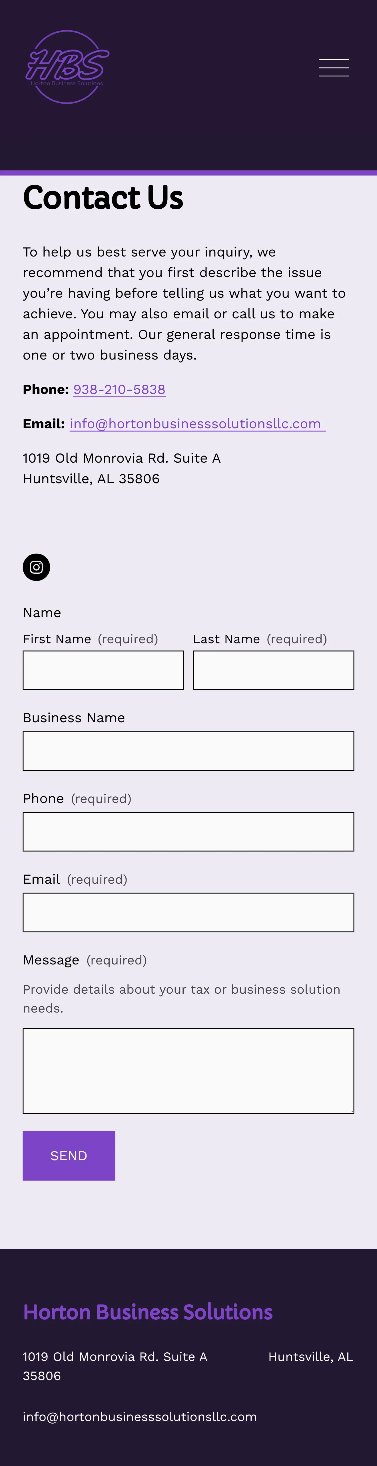 Horton Business Solutions contact page on mobile