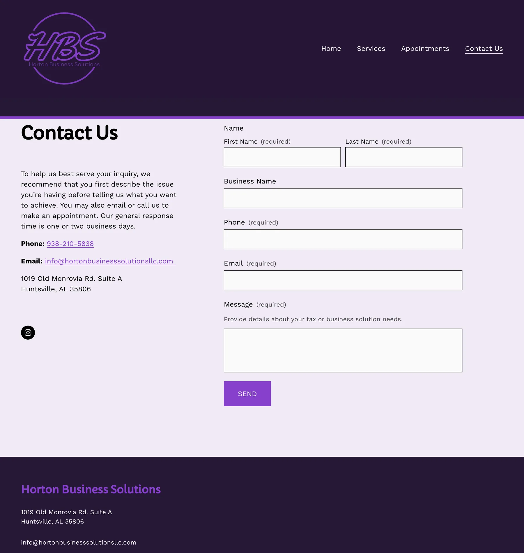 Horton Business Solutions contact page on desktop