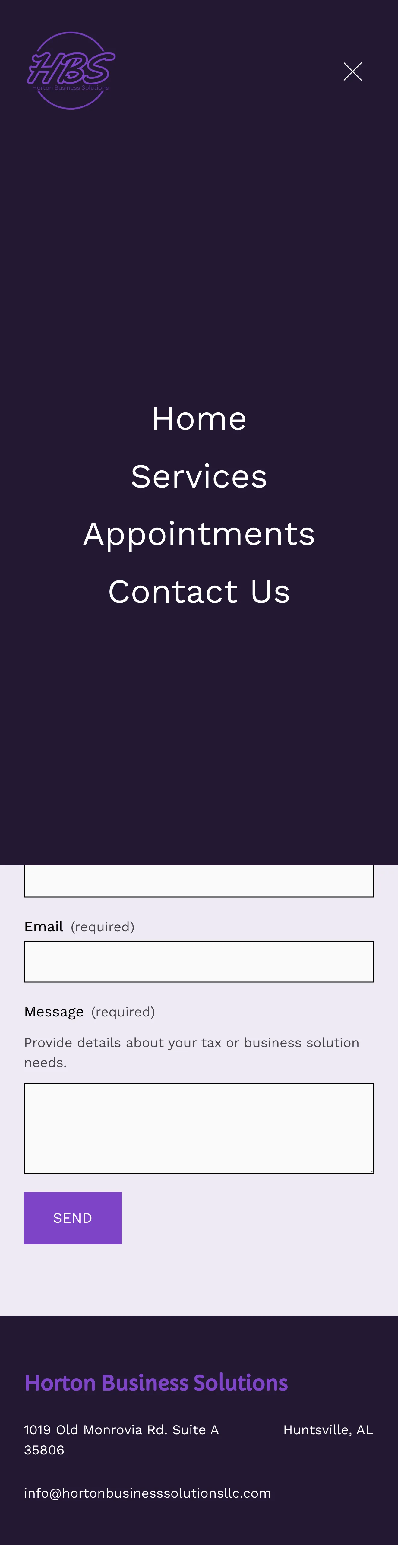 Horton Business Solutions expanded mobile menu