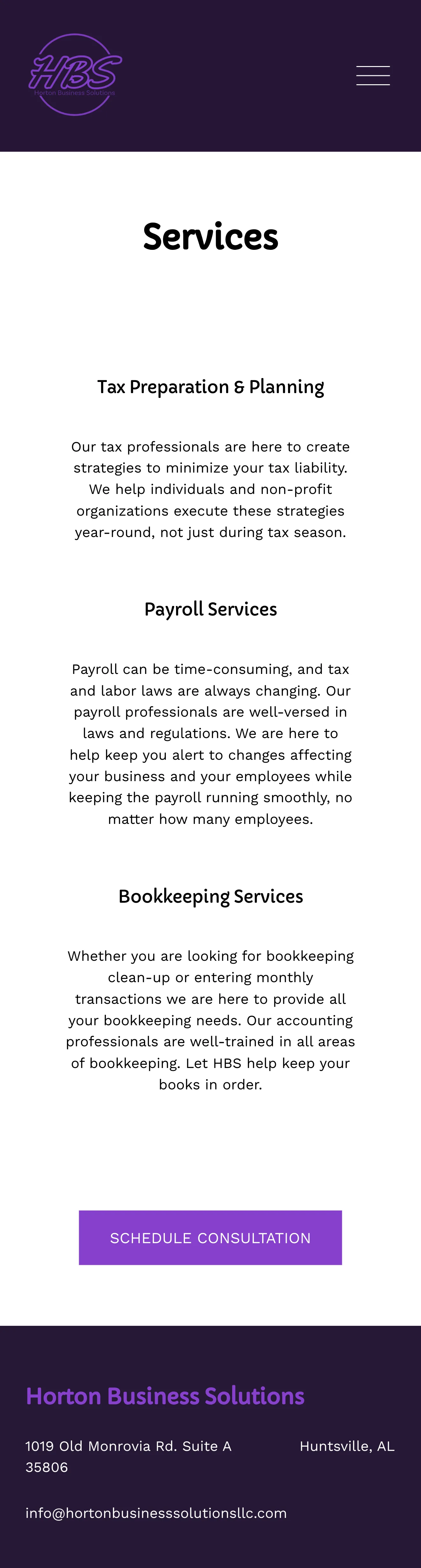 Horton Business Solutions services page on mobile