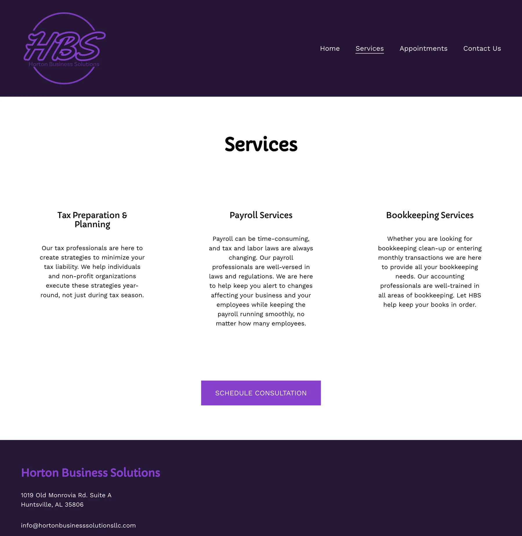 Horton Business Solutions services page on desktop