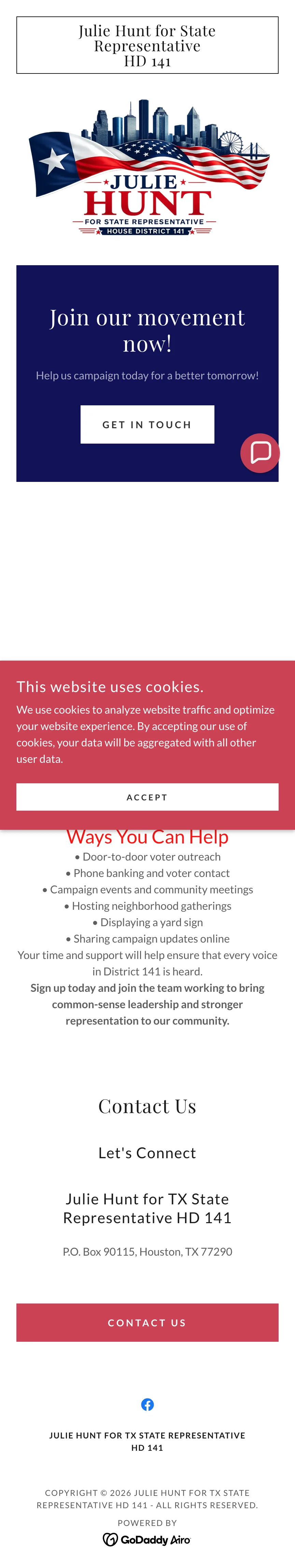 Julie Hunt campaign website before redesign on mobile