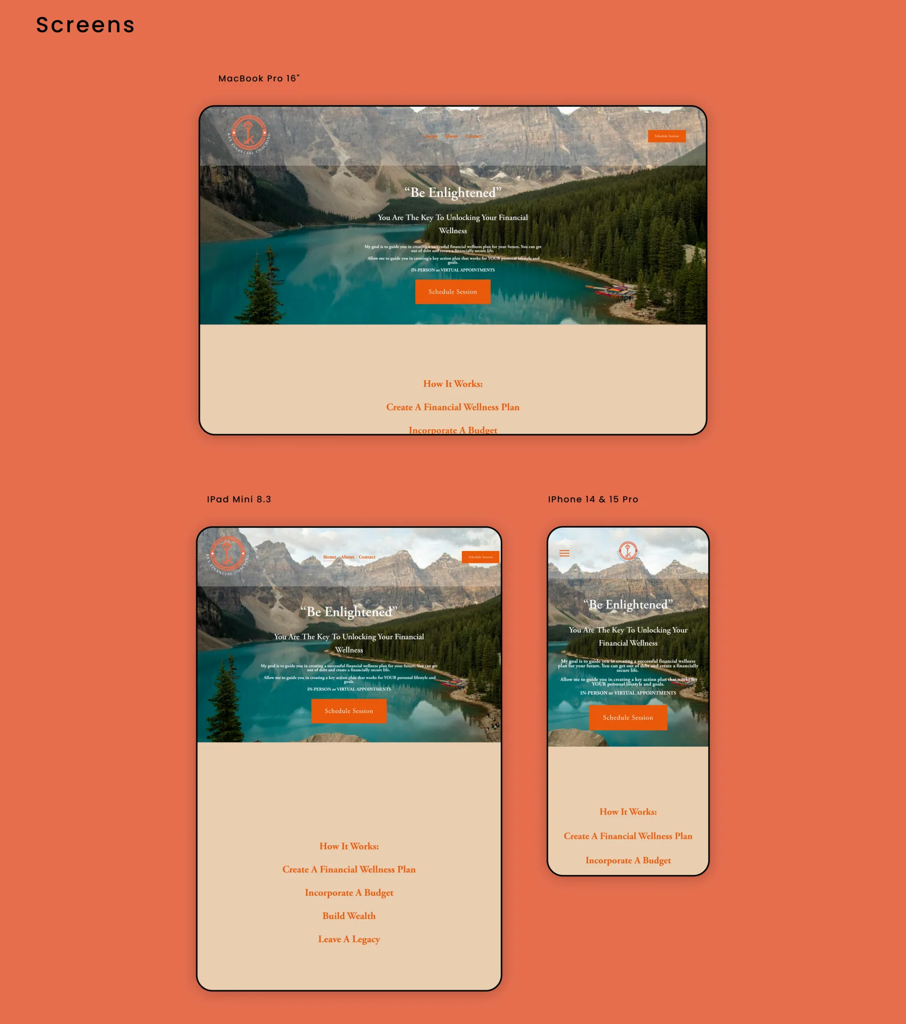 Key Financial Coaching screen designs