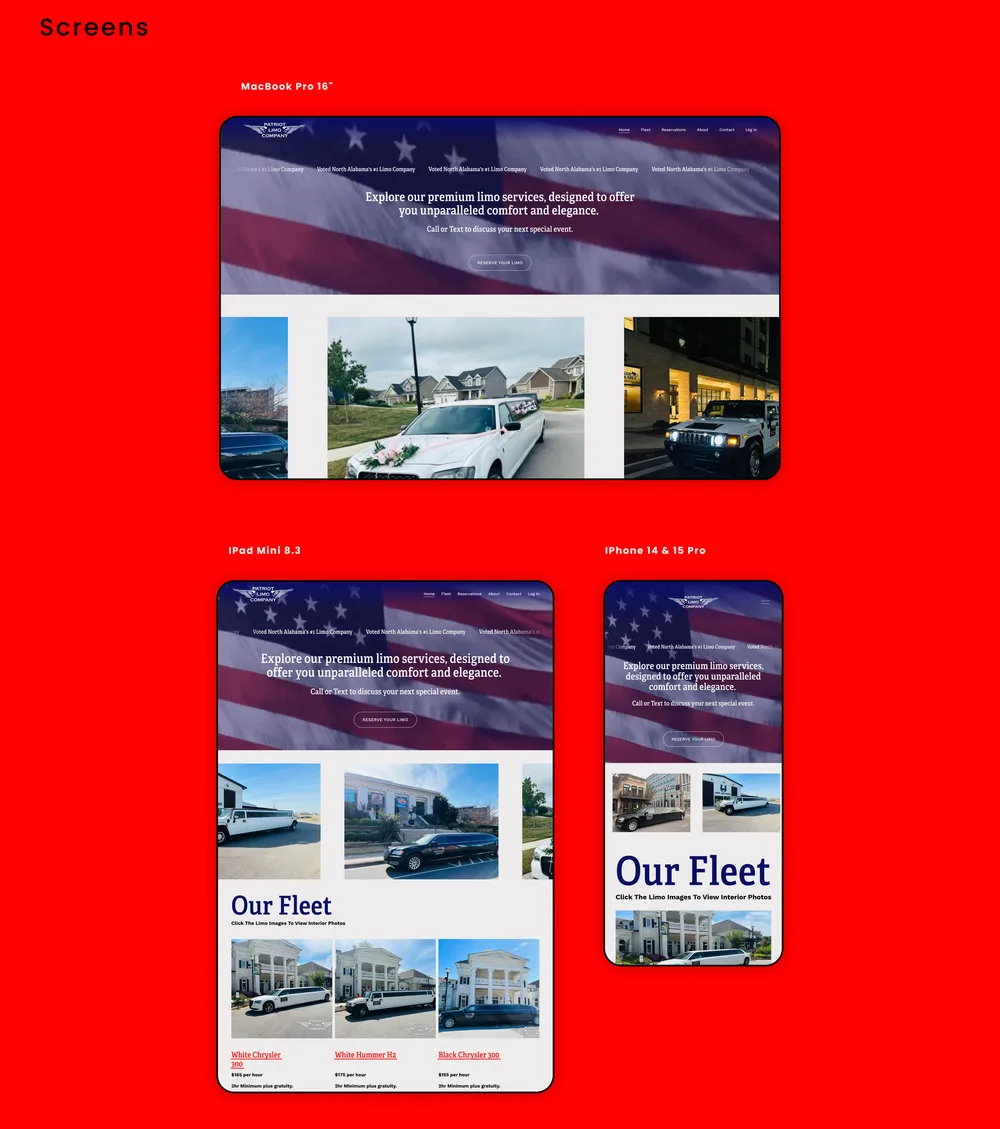 Patriot Limo Company screen designs